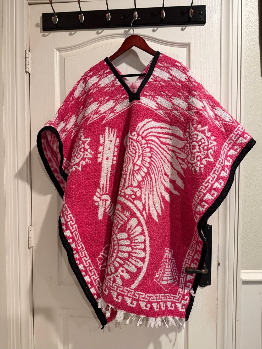 Pink & White Aztec Feather Poncho with Black Trim